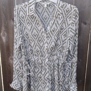 Como Blu blouse swim cover ruched women's large rayon long sleeve collar button